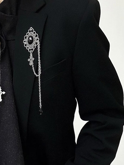 Charm Stone Lolita Vintage Brooch Obsidian with Silver Ouji Black Cross