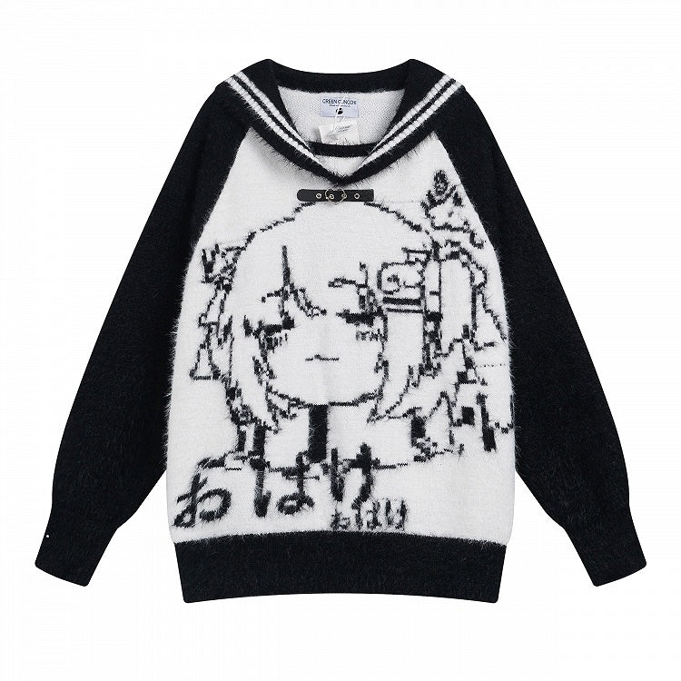 Plush Oversized with Girl Sweater Design Collar - Black/Blue/Pink Fit Cartoon Sailor