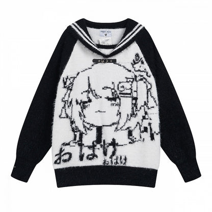 Plush Oversized with Girl Sweater Design Collar - Black/Blue/Pink Fit Cartoon Sailor
