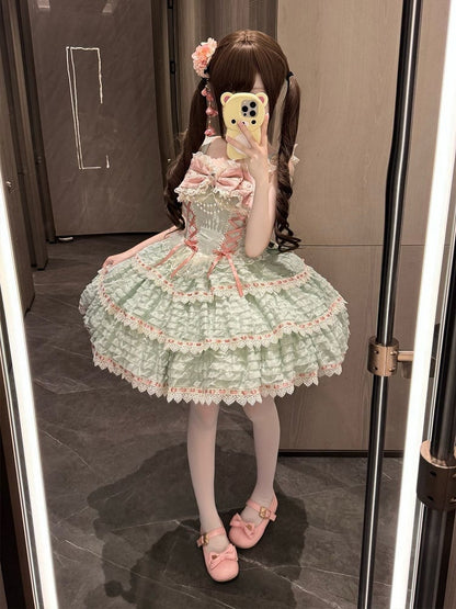 JSK Details with Lace-up Lolita Dress Bow Accent Green Chain Bead