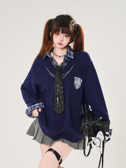 with Sleeve Sweater Knit Plaid Gray/Navy Faux Two-Piece Blue Crest Embroidered Preppy Long