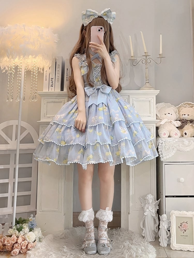 Skirt Bear High Print Blue Tiered Lolita Lemon Waist and Dress