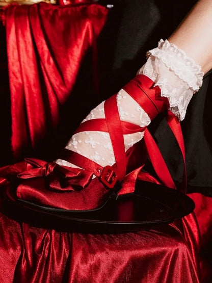 Bow Red Toe Wine Ankle Middle Heels Lace-up Lolita at Top - Elegant Square