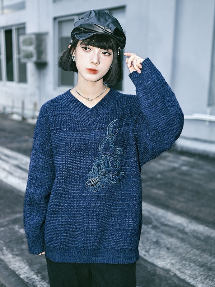Scarf with Set Embroidery Gothic Goldfish Sweater V-Neck Blue
