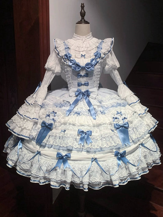 Blue Hanayome Lolita Layered Hime JSK Dress with Bow Accents - Starry Messenger