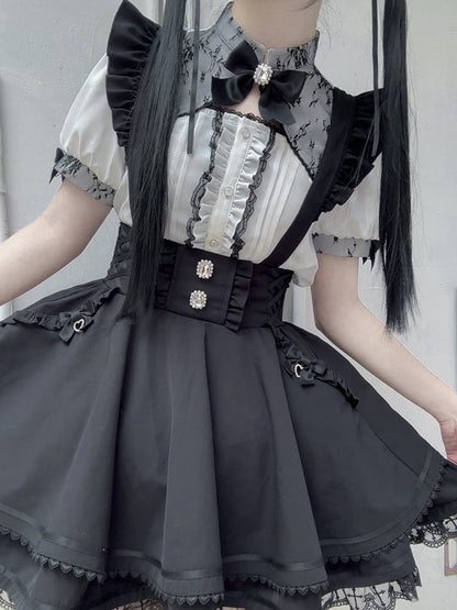 Tiered with at Back Skirt Sleeves Jirai Kei Black Overalls Embellished Bow Flutter Big Rhinestones