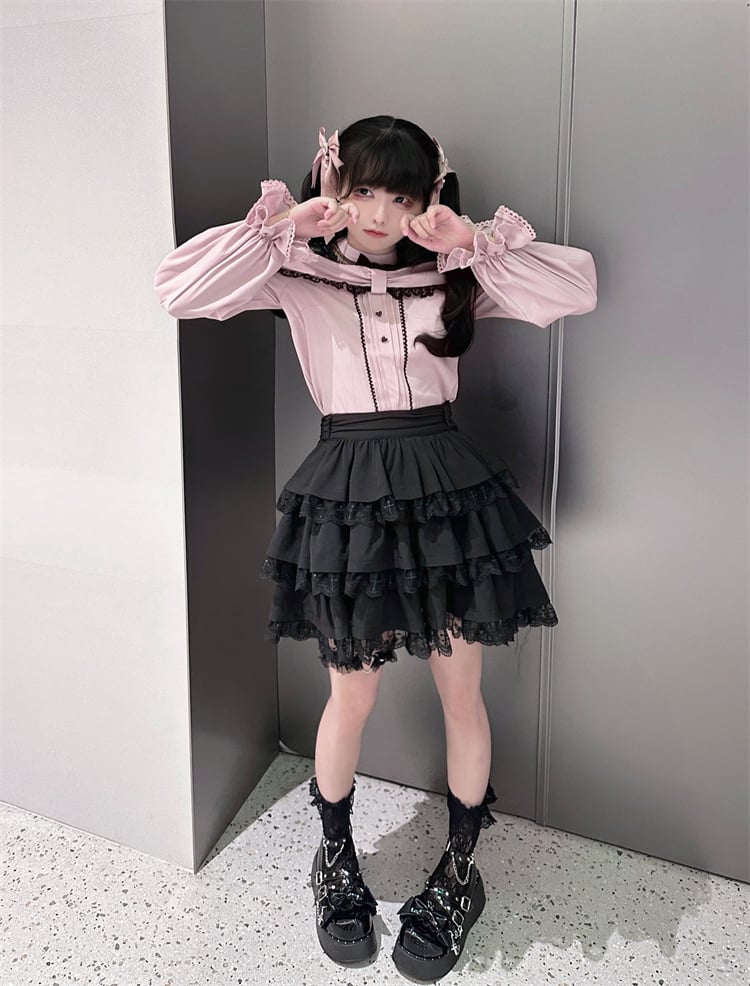 with Pink Bow Black Kei Open Blouse Shoulder Details Jirai Neckline Illusion