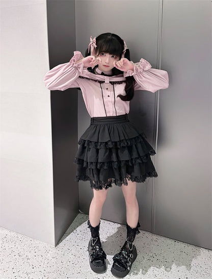 with Pink Bow Black Kei Open Blouse Shoulder Details Jirai Neckline Illusion