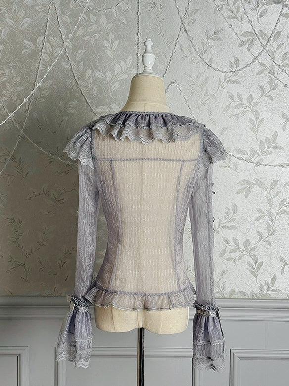 Blouse Silver Semi-sheer Sleeves Long Bowknots Gray