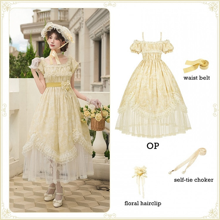 Light Yellow High Waist Mesh Panels Scalloped Edge Hem Dress Lolita OP Full Set - With PUJI