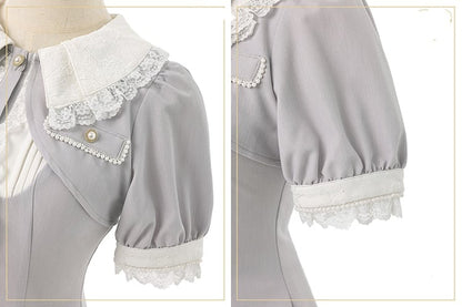 Sleeve Two-Piece Brooch Gray Kei Coord Shorts Top Bow Faux Jirai Short Set: with