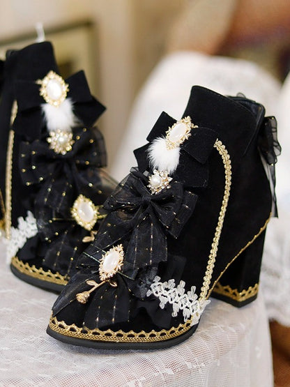 Black Lolita Boots with Round Crystal Accent - One Night Language