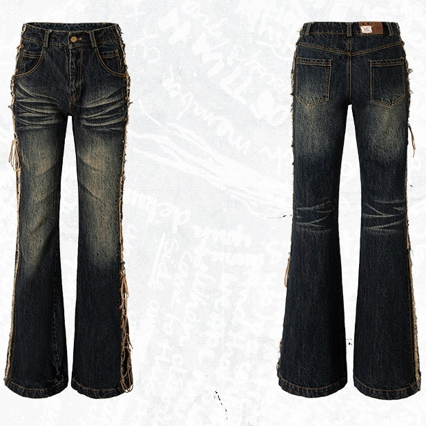 Fishtail Punk Schnürdetail Wasteland Dark Jeans Saum Raw Blue