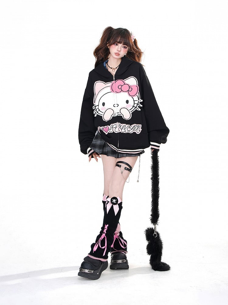 Apricot/Schwarz – Oversize-Kapuzenpullover mit Kätzchen-Stickerei und Reißverschluss