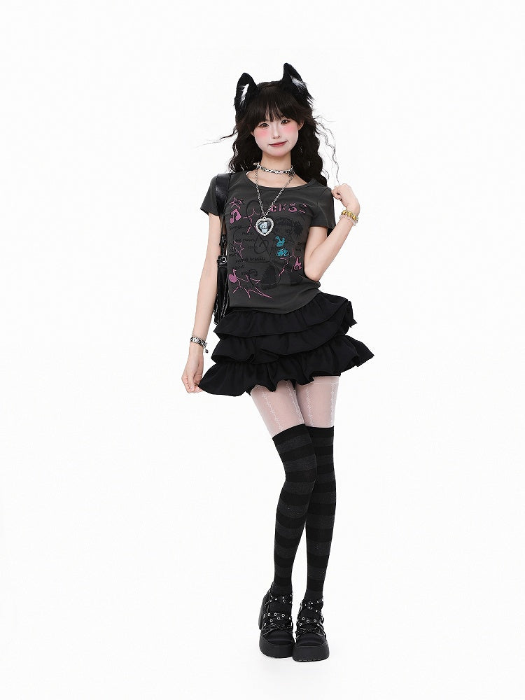 Black Slim-Fit Cartoon Musical Graphic with Notation T-shirt: