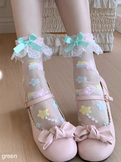 Sheer Ankle Socks with Bow Lace Trim & Star Decoration, 7 Colors - ROJI ROJI