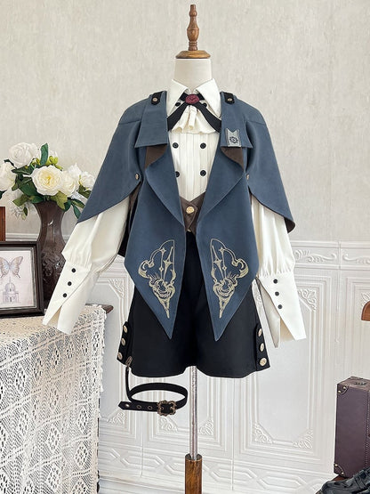 Ouji Lolita Pointed Foldover Collar Long Sleeves Shirt with Crossover Tie Jabot