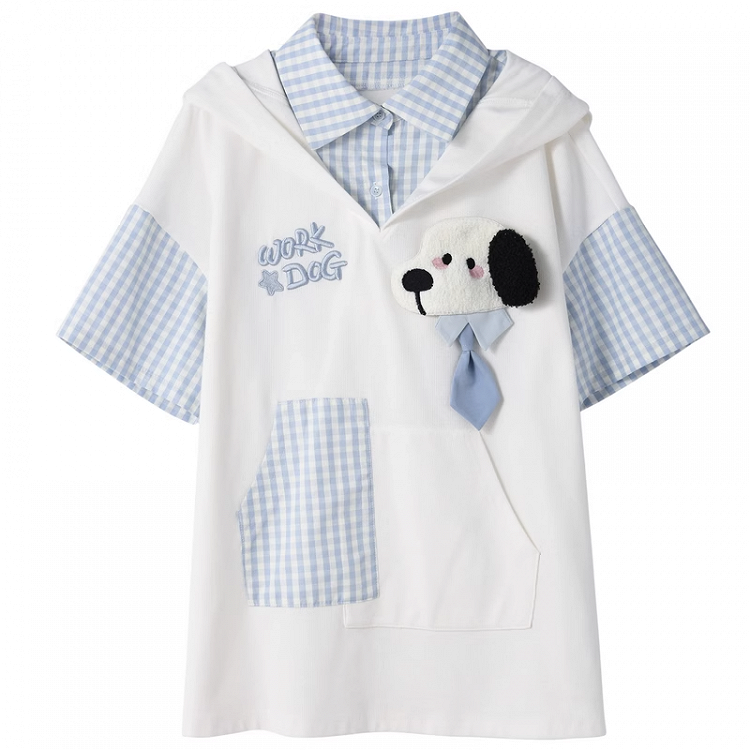 子犬の耳のデザインフード柄の2ピースホワイト＆子犬フェイクTシャツブルーチェック柄