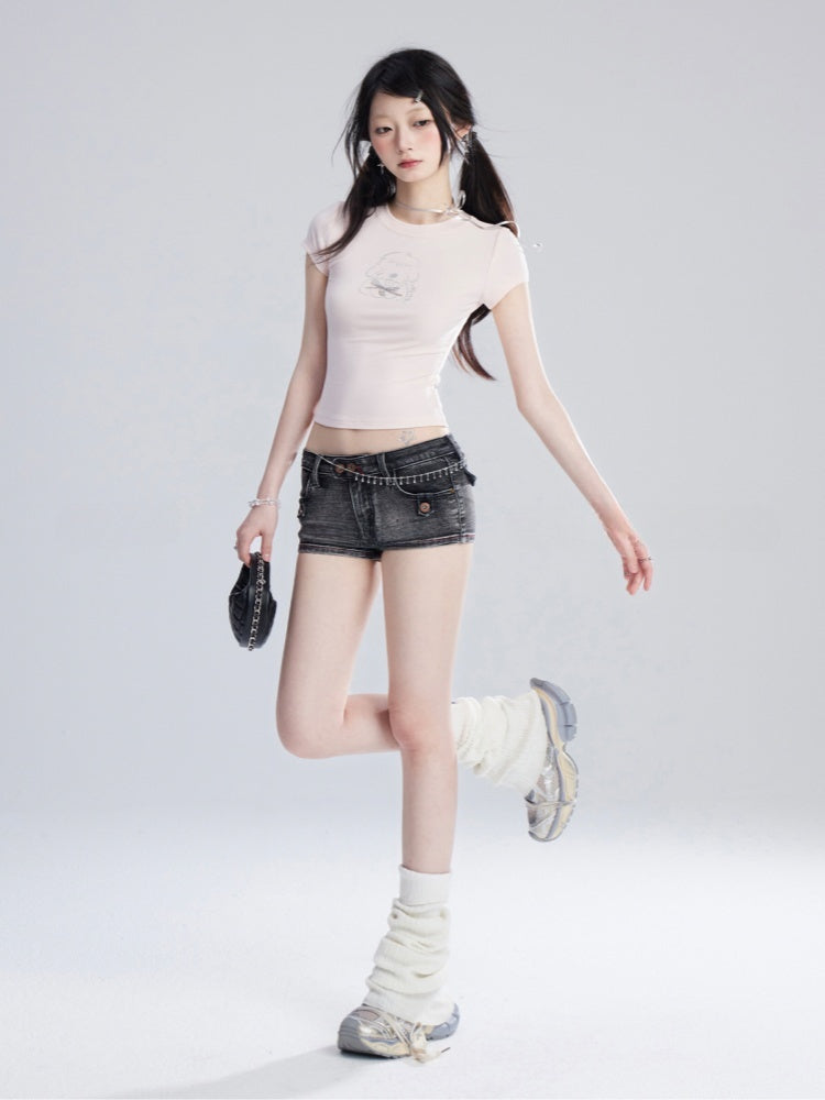 T-Shirt Puppy Print Heart Cropped Adorable Pink Charm Bittersweet