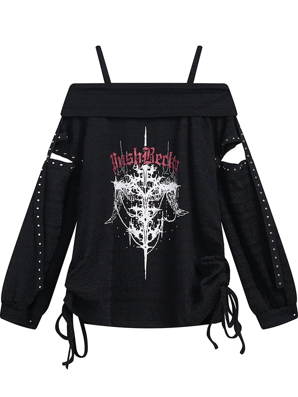 Y2K ブラック/ホワイト クロスプリント カットアウトディテール オフショルダー ネックライン パンクトップ