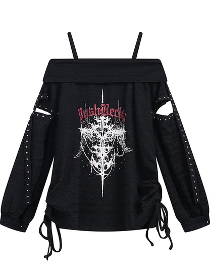 Y2K ブラック/ホワイト クロスプリント カットアウトディテール オフショルダー ネックライン パンクトップ