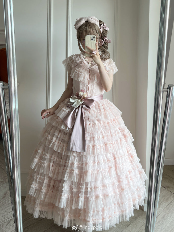Mesh Set Pink Vest Cotton Lolita Belt Elegant Dotted Waist - Multi-layered Tulle Skirt Classic +