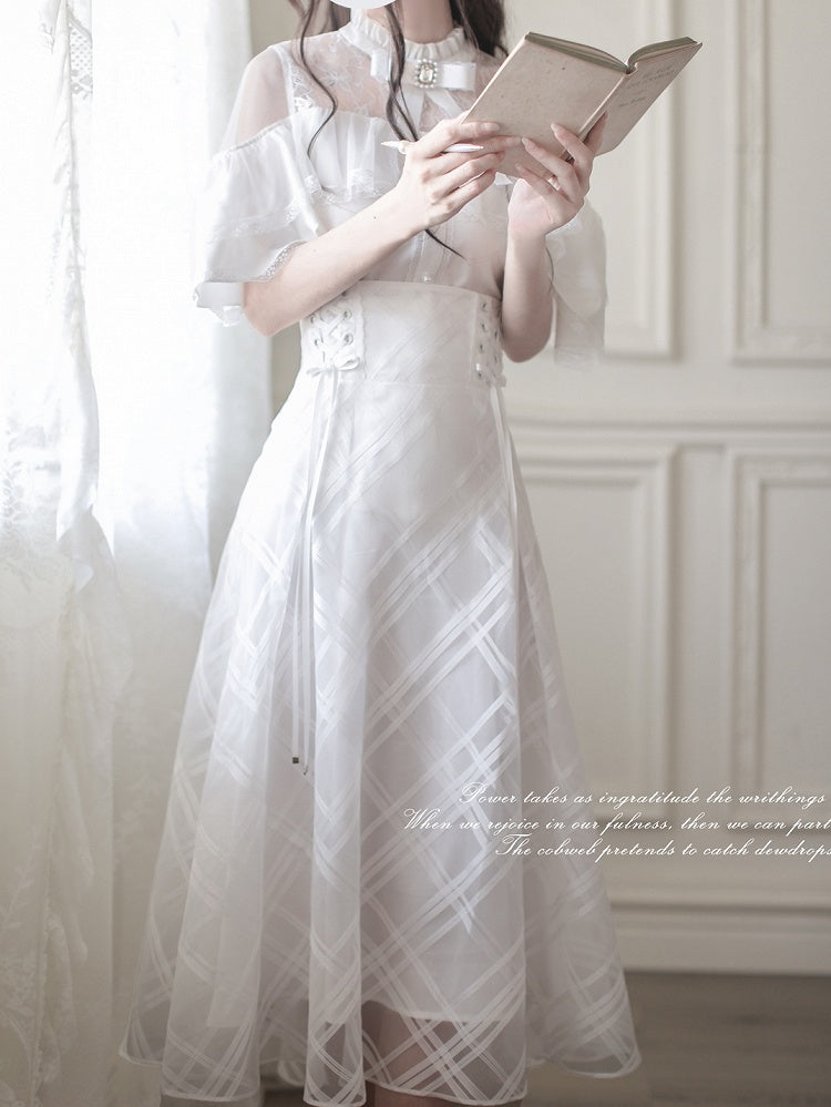 Lace-up High Waist Skirt with Plaid Clean Overlay Aesthetic White Innocent