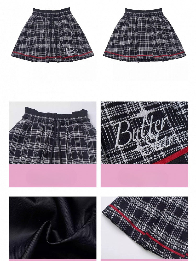 Black and Grey Letters Plaid Pleated Skirt Drawstring Waist