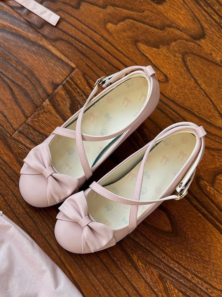 6cm Lolita Mid-heel Top Bow PU Shoes Straps Crisscross with Pink