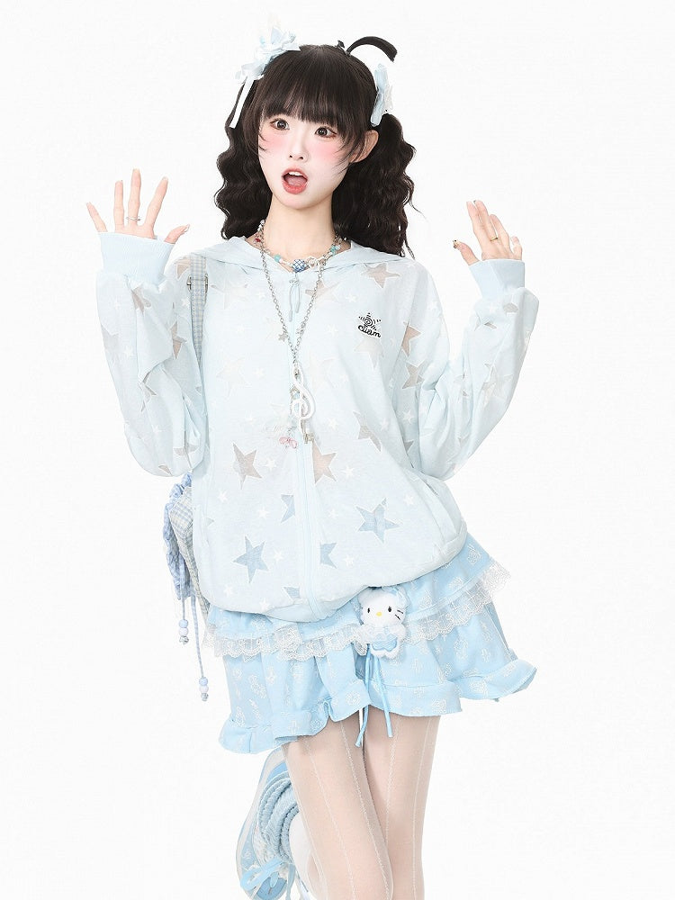 Breathable Blue Hooded Star Print Jacket - Languid Park