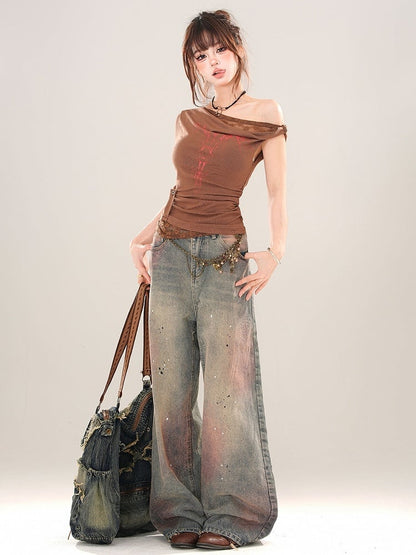 Wide-leg Wash Pink Splash Ink Details Cut Blue Jeans and Faded