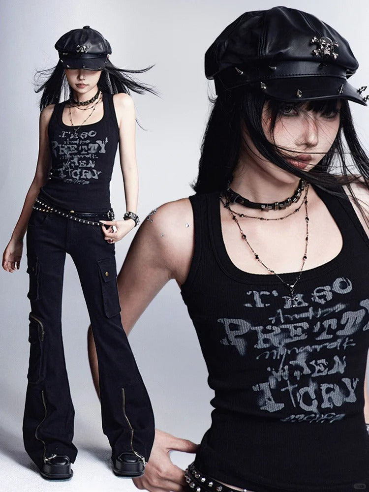 Schwarzes Vintage-Tanktop mit Buchstabendruck und schmaler Passform, glamourös