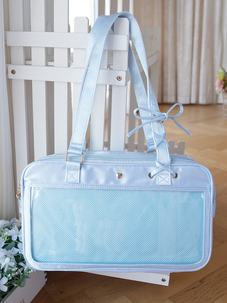Kawaii Light Blue Satin Ita Bag with Lace-up Bowknot and Heart Buckle - Morning Glory