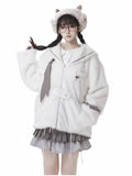 Kawaii White Plush Coat with Sailor Collar and Buckle Straps