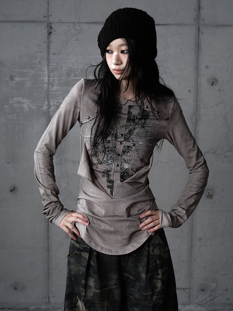 Knit Vintage Wing Print with Design Cross Deconstructed Gray Top Punk
