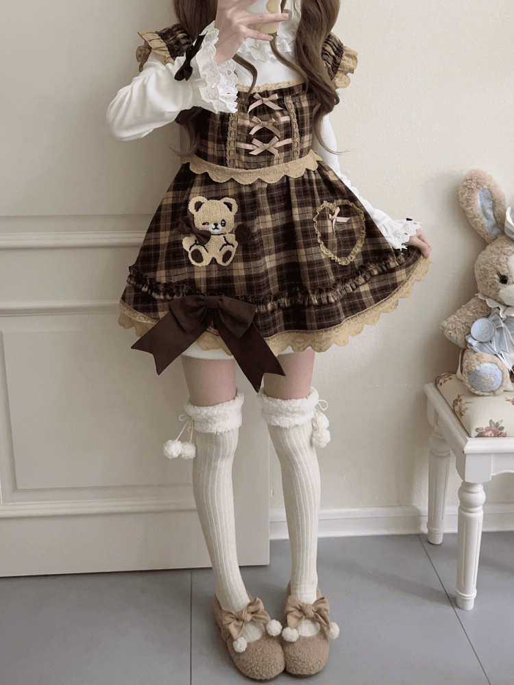 Sleeves Kawaii Soft Brown Plaid Dress Flutter with