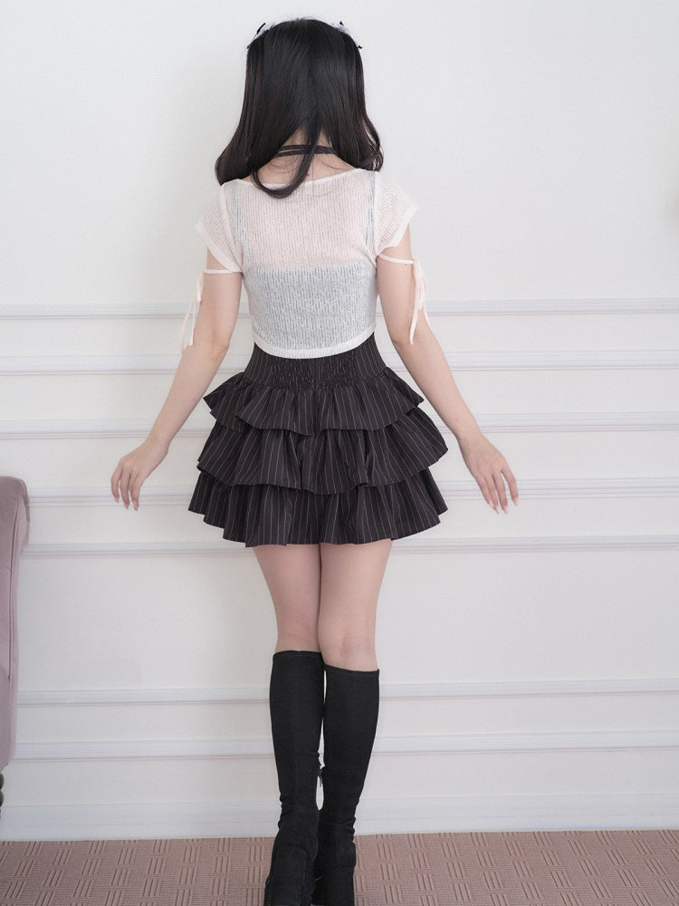 Jirai Kei Black Striped Tiered Ruffle Camisole Dress White Cropped Top Set - No Genki