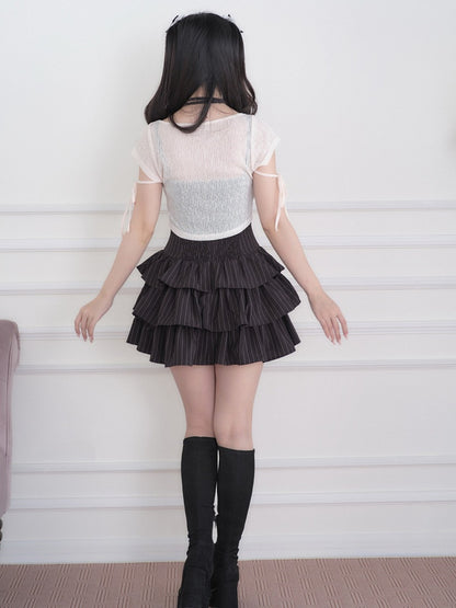 Jirai Kei Black Striped Tiered Ruffle Camisole Dress White Cropped Top Set - No Genki