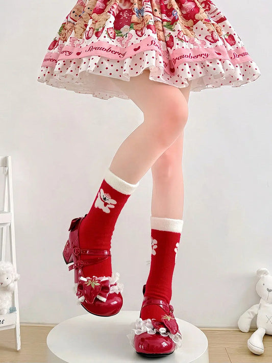 Bear Socks Calf White with Red Pattern