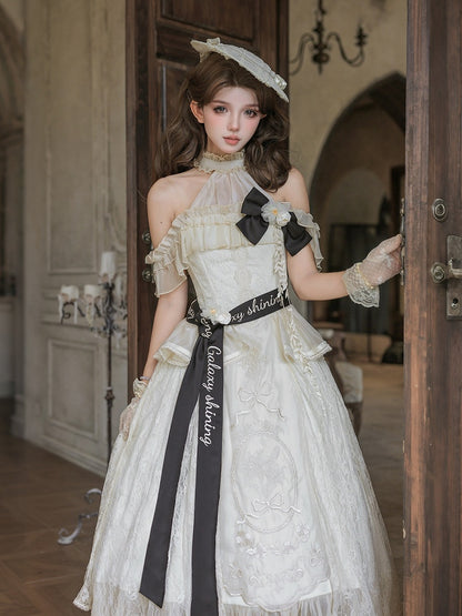 Beige Halter Neck Floral Embroidery Elegant Classic Lolita Dress with Bow - Unknown Star