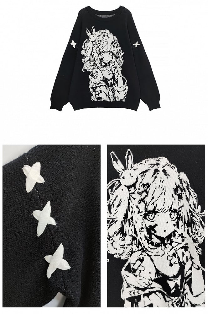 ブラックガール柄ラウンドネックルーズセーター