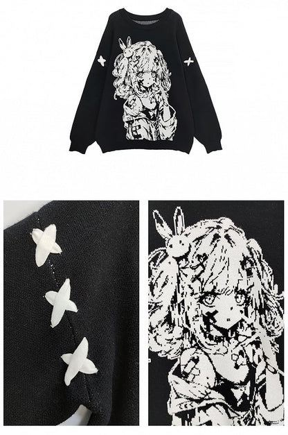 ブラックガール柄ラウンドネックルーズセーター