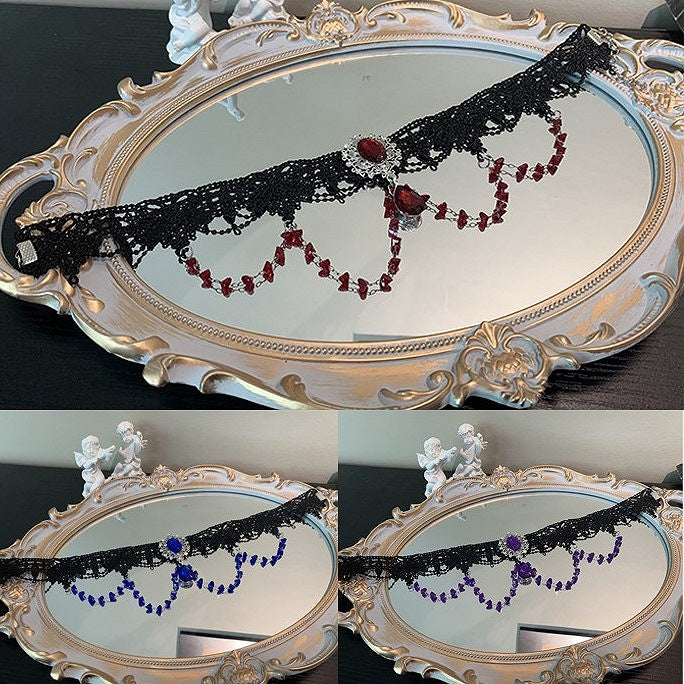 Gothic Details Lace Lolita with Rhinestone Necklace Red/Blue/Purple