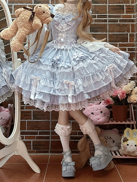 Rockärmelkleid mit Schnürung in der Taille, Spitzenbesatz, blauer Flatterpullover aus Old School Lolita-Baumwolle