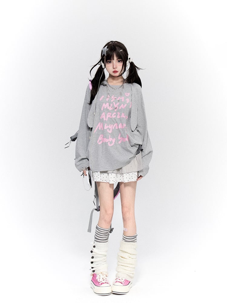 Print with Pink Knit Gray Top White Striped Waffle Bunny Letter Ears