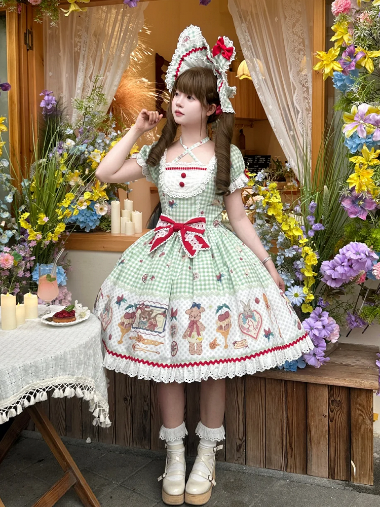 Gingham Black Sleeves Kitty and Print Sweet Lolita Dress Short Bunny