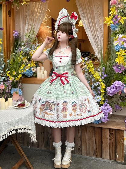 Gingham Black Sleeves Kitty and Print Sweet Lolita Dress Short Bunny