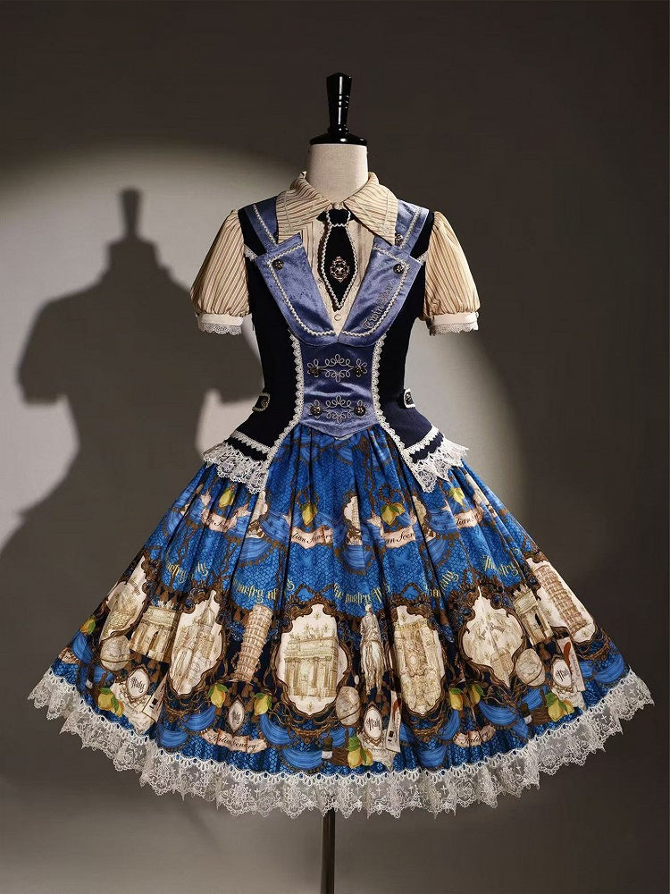 British Style Navy Striped Lolita OP Dress with Delicate Lace Trim - Alice Girl