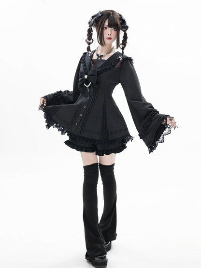 Coord Striped Jirai Shorts Lace Threading Top with Collar Kei Black Bell Gothic + Matching Set: Sailor Sleeves