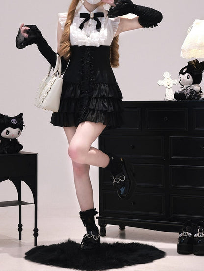 Skirt Tiered Dress: Two-Piece Sleeves White and Black Ruffle Flutter Faux Placket Jirai Kei with
